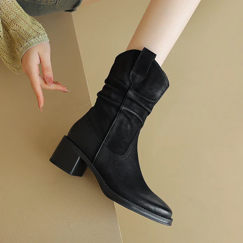 New Autumn/Winter Women Boots Round Toe Chunky Heel Shoes Western Boots Zapatos De Mujer Ankle Boots Genuine Leather Shoes