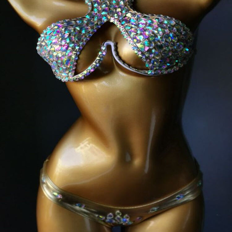 Swimwear Bikini Sets Swimsuit 2024 Summer Beach Shiny Crystal Rhinestone Padded Push Up Bikinis Set Outfits For Women Gold 4