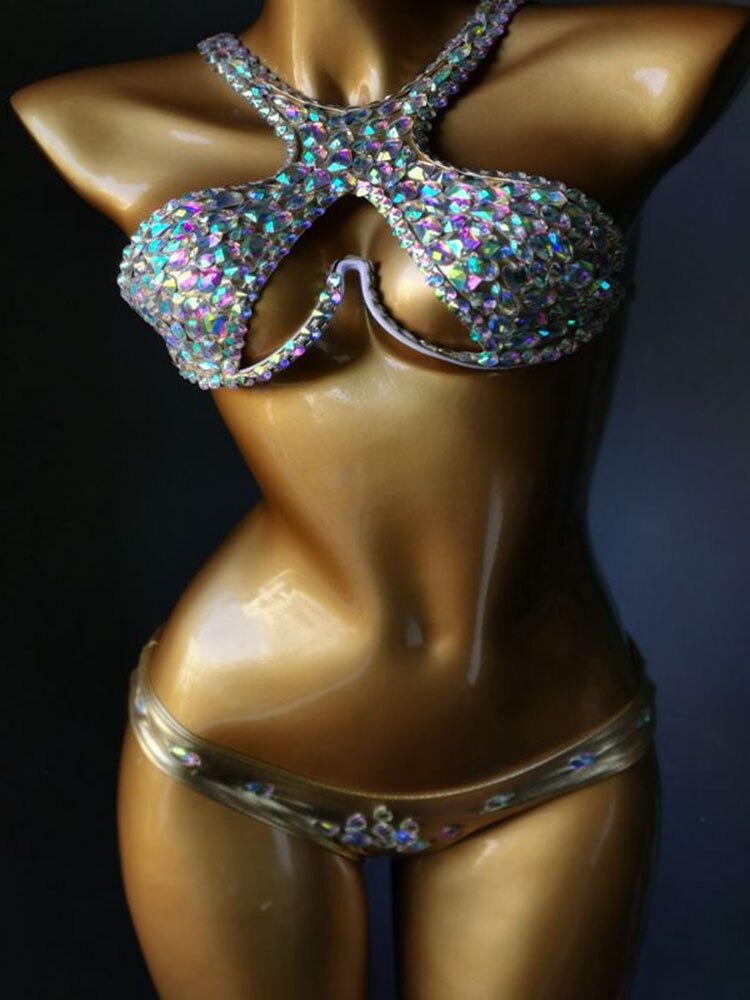 Swimwear Bikini Sets Swimsuit 2024 Summer Beach Shiny Crystal Rhinestone Padded Push Up Bikinis Set Outfits For Women Gold 4