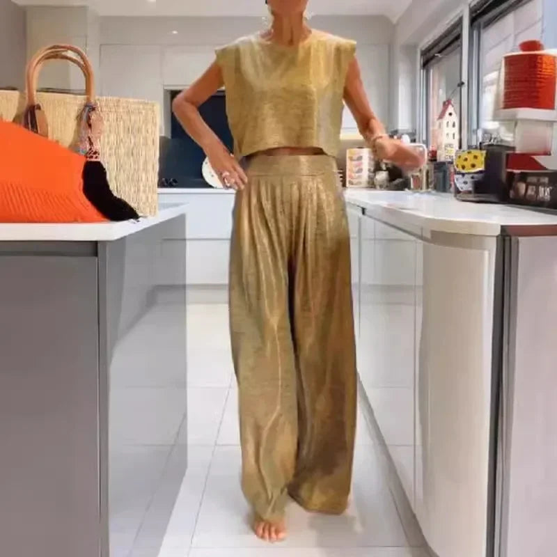 Plus Size Women's 0XL-5XL Summer Casual Sleeveless Fashion Comfortable Women's Glossy Tank Top Wide Leg Pants Two Piece Set