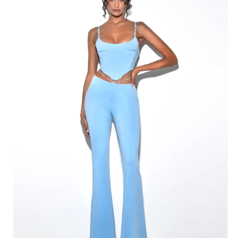 High quality Blue Black Chain Sexy Two Pieces Set Bodycon Rayon Bandage Set Evening Party Sexy Fashion Outfit SKY BLUE