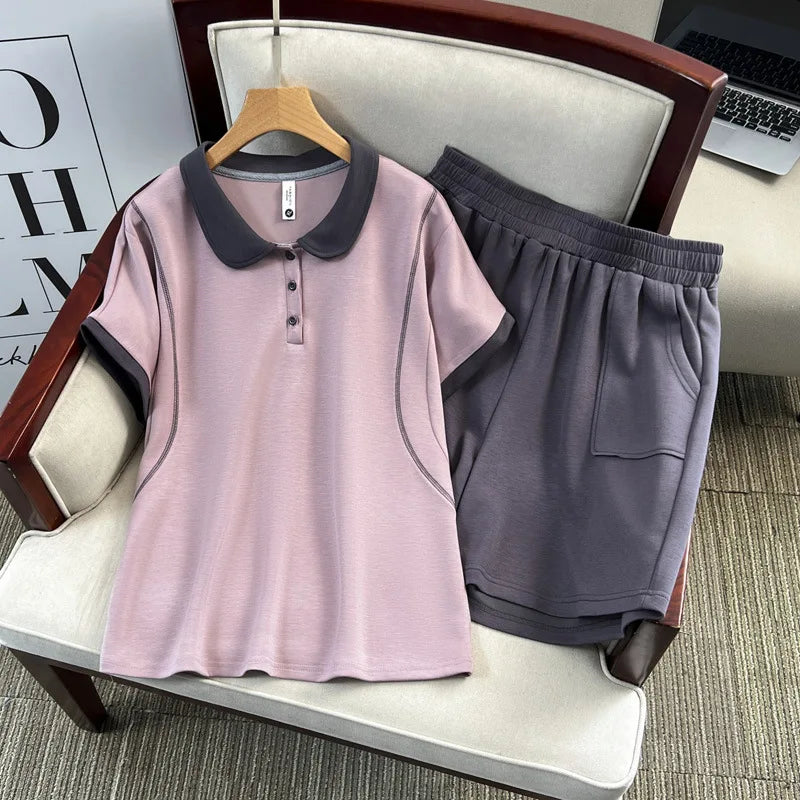 Plus Size Women's Set Casual Color Blocking Short Sleeve Tops And Grey Shorts Two Piece 100KG Sports Suit Summer 2025 Purple pink