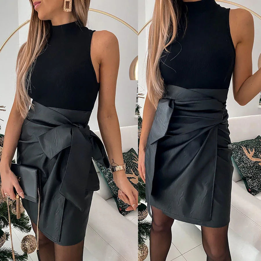 Elegant Fashion Bow PU Leather Skirts Women Mini Pencil Skirts Office Lady Solid Color High Waist Slim Bottoms Skirts black