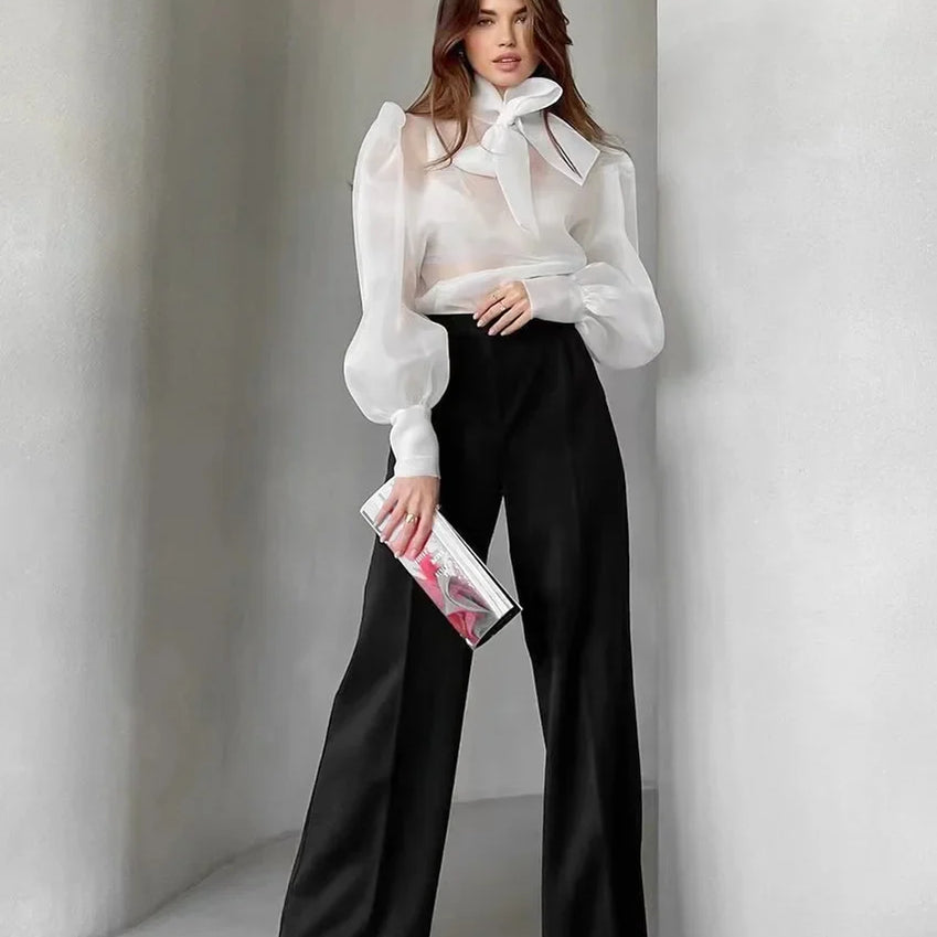 New Mesh Shirts Women Elegant Puff Sleeve Bow Lace Up Blouses Office Ladies Fashion Solid Color Casual Loose Sexy Blouse