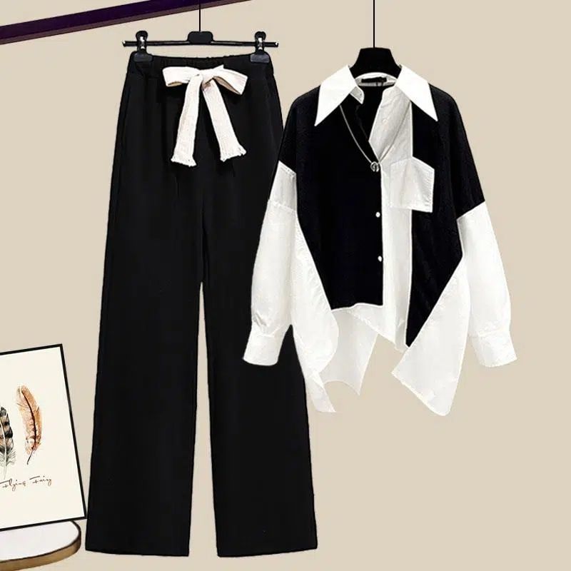 Two Piece Set for Women Shirt + Wide Leg Pant Sets Long Sleeve Korean Outfit Button Tracksuit 2024 Patchwork Fashion Autumn Suit black white