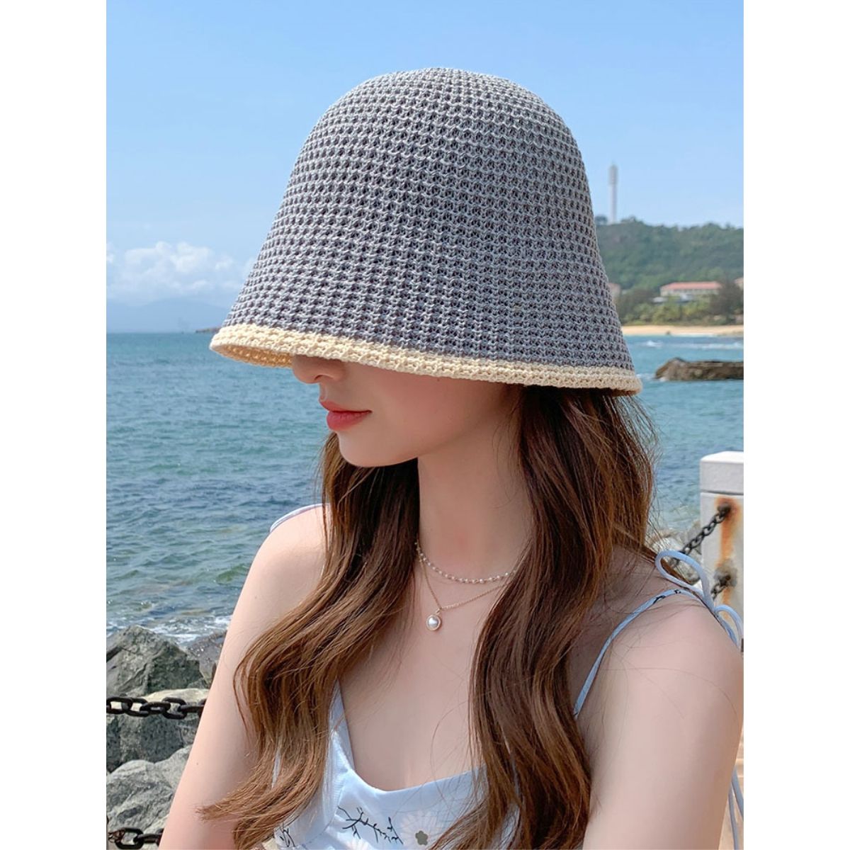 Summer Bicolor Knit Bucket Hat For Woman 2024 Trendy Black Bucket Hat Sun Caps Fashion Trend Charm Y2k Young Girl Kpop Gift Girl 5 55-59 cm