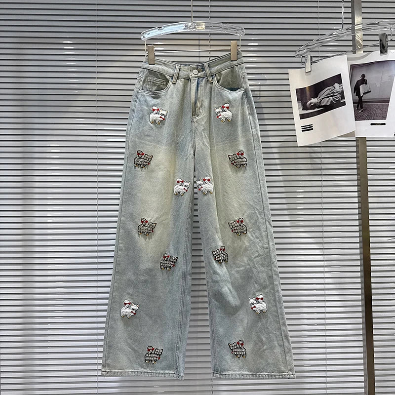 Autumn Winter New Heavy Industry Cartoon Rhinestone Embroidery Jeans For Women Straight Wide-leg Denim Pant 11A07802 Light Blue
