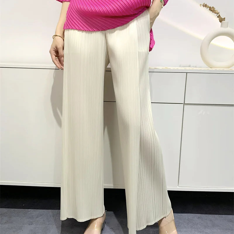 Summer Pants Women Hitching Piece Comfortable Casual New Loose Straight Pants Wide Leg High Waist Thin Pleated Pants Creamy-white One Size