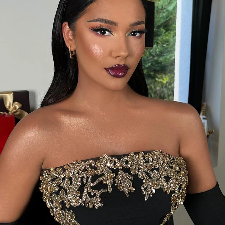 Glamorous Black Strapless Mermaid Dress with Crystal Embellishments for Gala Events Evening Gown