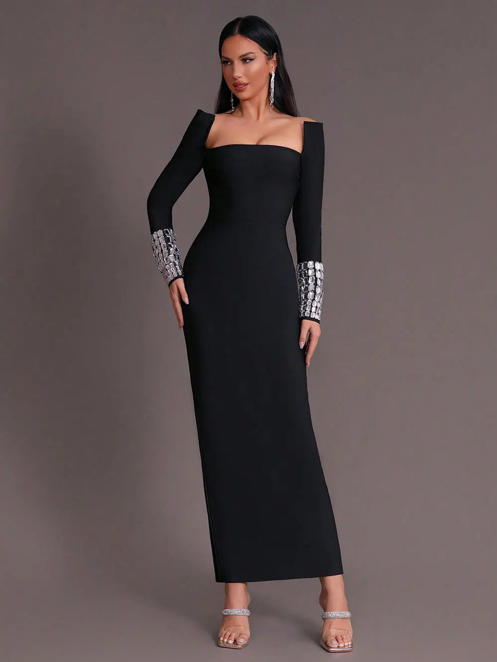 2025 New Women'S Elegant Bandage Dresses Square Neck Long Sleeved Nail Bead Design Bodycon Long Dress Evening Party Vestidos black