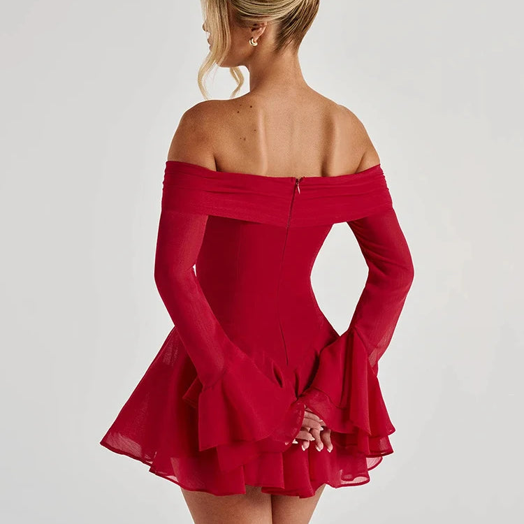 Mozision Strapless Long Flare Sleeve Sexy Mini Dress For Women Robe Off-shoulder Backless High Waist A-line Club Party Dress