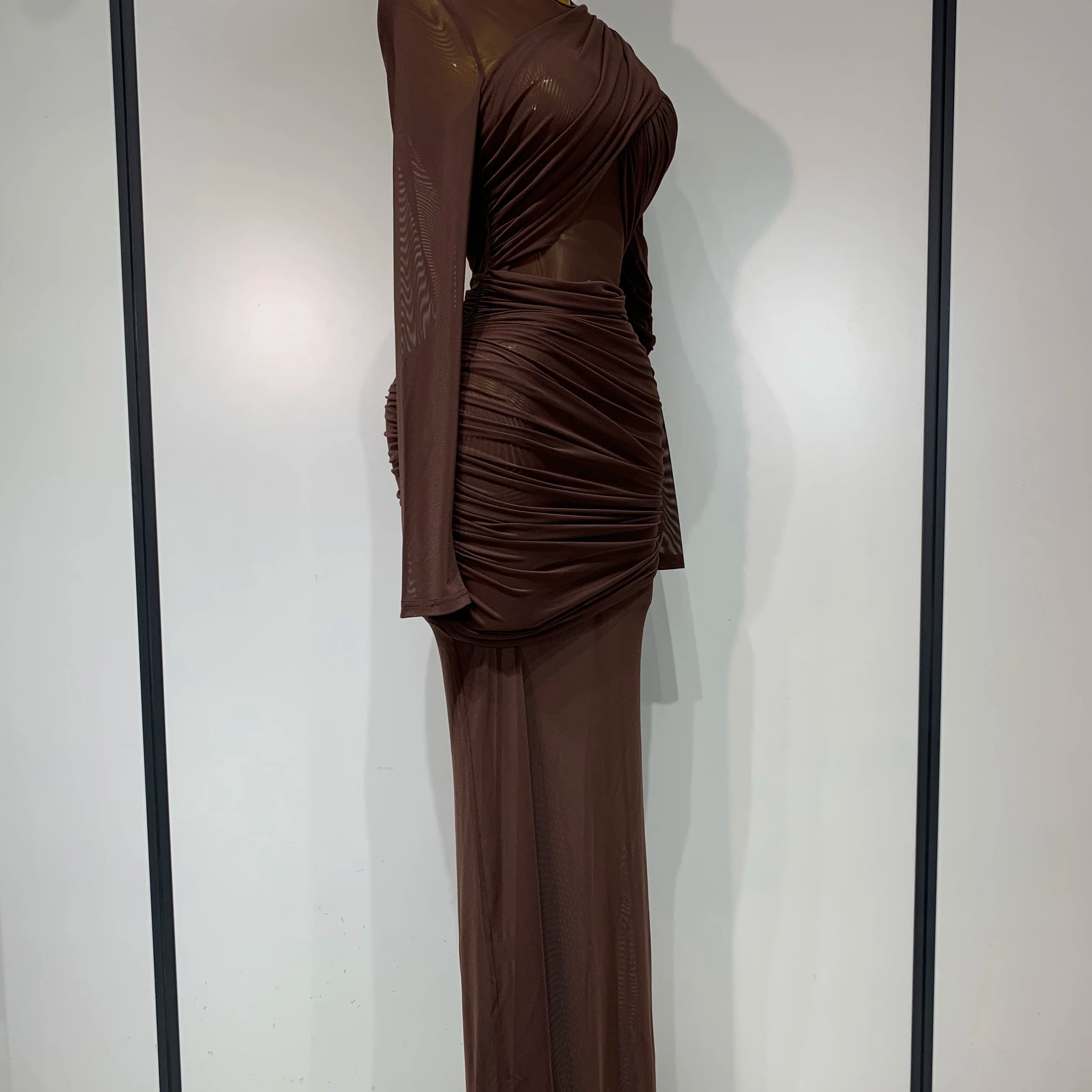 Elegant Brown Mesh Fold Long Sleeve Bodycon Dress Women 2025 Evening Party Club Sexy Perspective Fashion Luxury Birthday Dresses