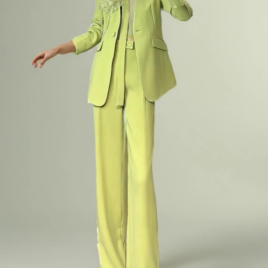 Solid Elegant Two Piece Sets for Women V Neck Long Sleeves Patchwork 3D Flower Top High Waist Pant Set Female New