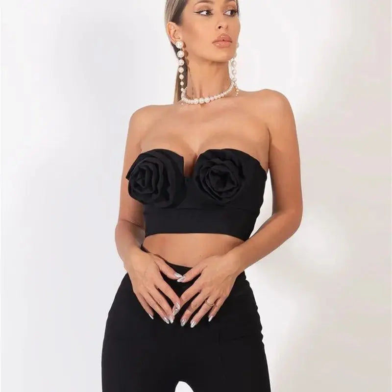 STOCK Stylish Sexy Woman Item Stereoscopic Flowers Strapless Top Summer Party Music Festival Vestido Holiday Vocation Outfit