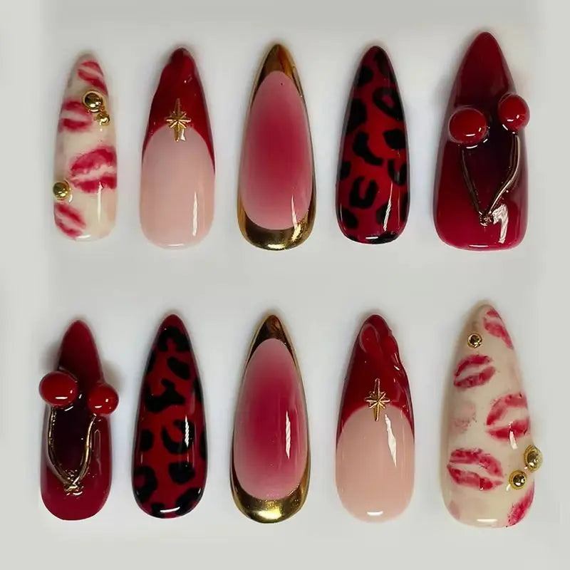 24Pcs Dark Red Leopard Print Pattern Fake Nails Patch Sweet Cool 3D Cherry Press on Nail Lip Print French Almond Nails for Women