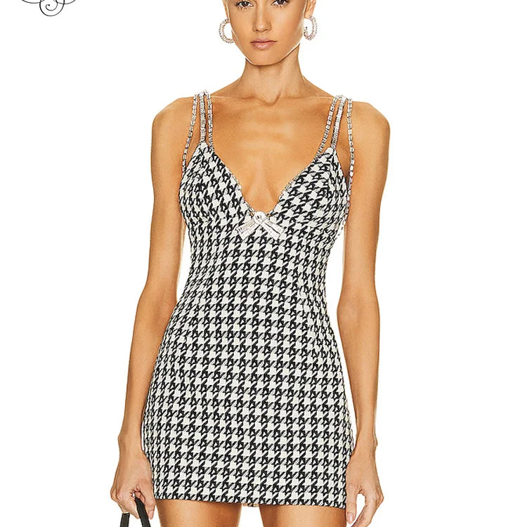 VC Vintage Houndstooth Dress For Women Sexy V Neck Crystal Chain Spaghetti Straps Bow Tie Bodycon Bandage Mini Dresses