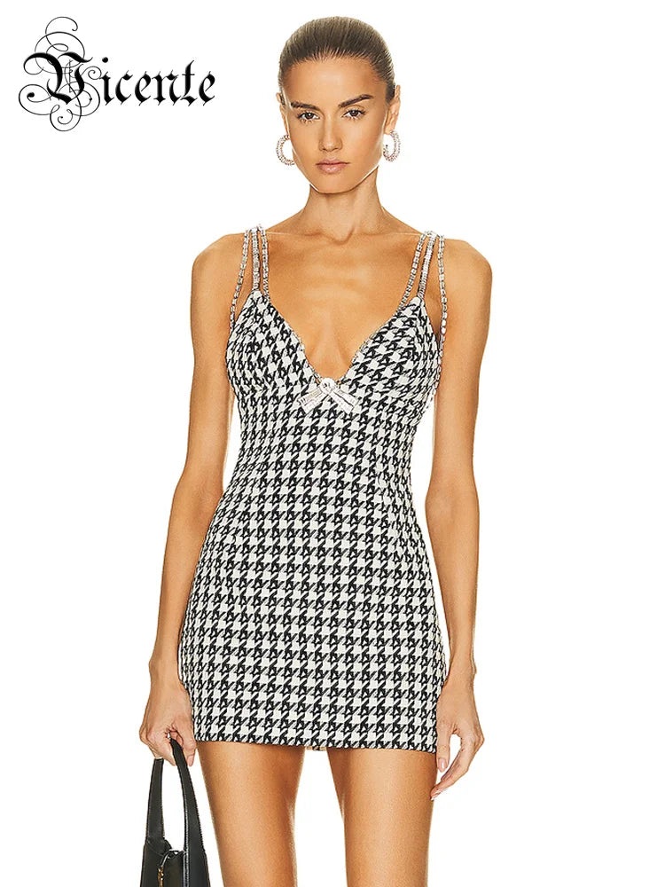 Vintage Houndstooth Dress For Women Sexy V Neck Crystal Chain Spaghetti Straps Bow Tie Bodycon Bandage Mini Dresses