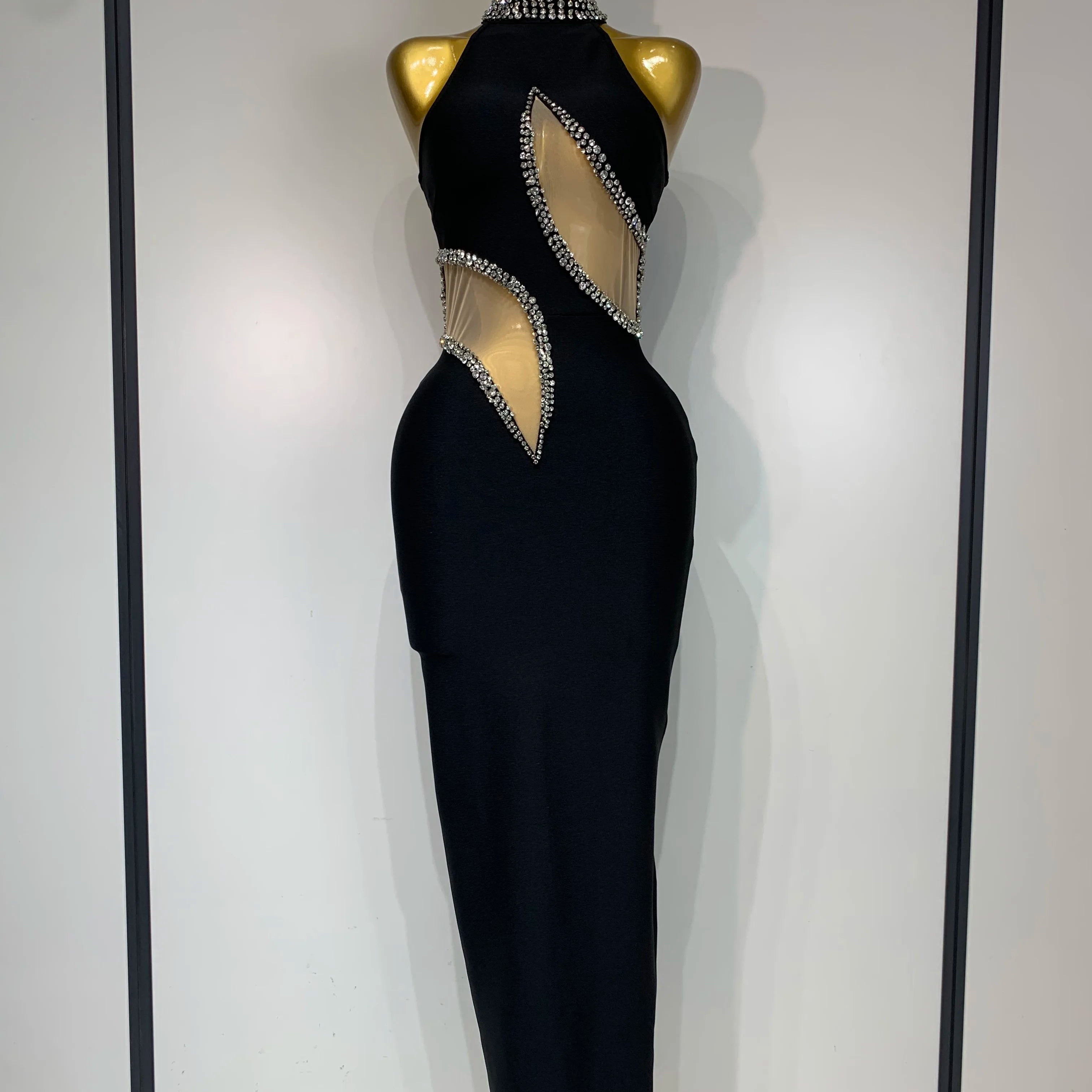 Women Sexy Rhinestone Black Sleeveless Mesh Patchwork Stretch Bodycon Bandage Party Dresses Elegant Birthday Dress black