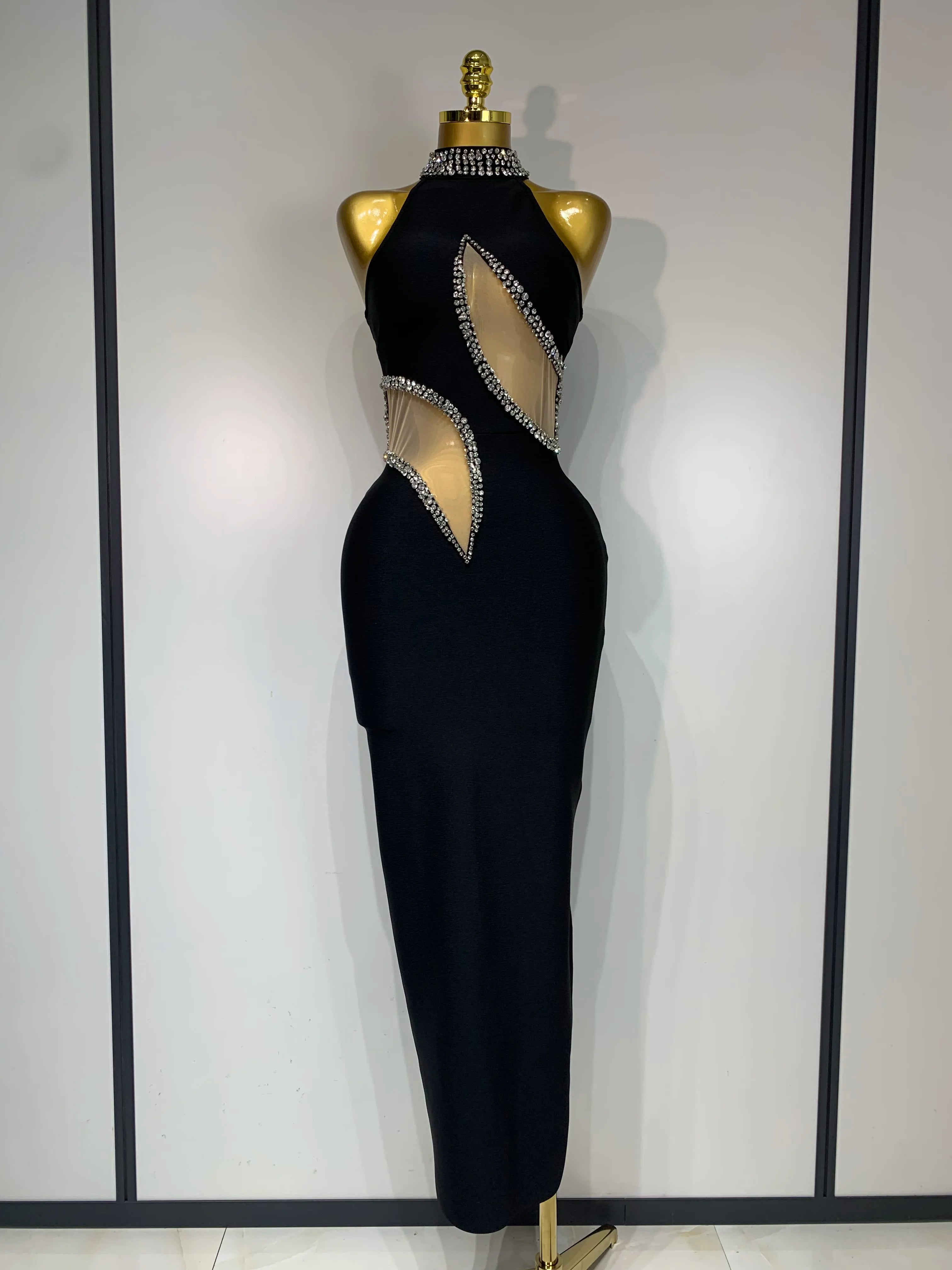 Women Sexy Rhinestone Black Sleeveless Mesh Patchwork Stretch Bodycon Bandage Party Dresses Elegant Birthday Dress black