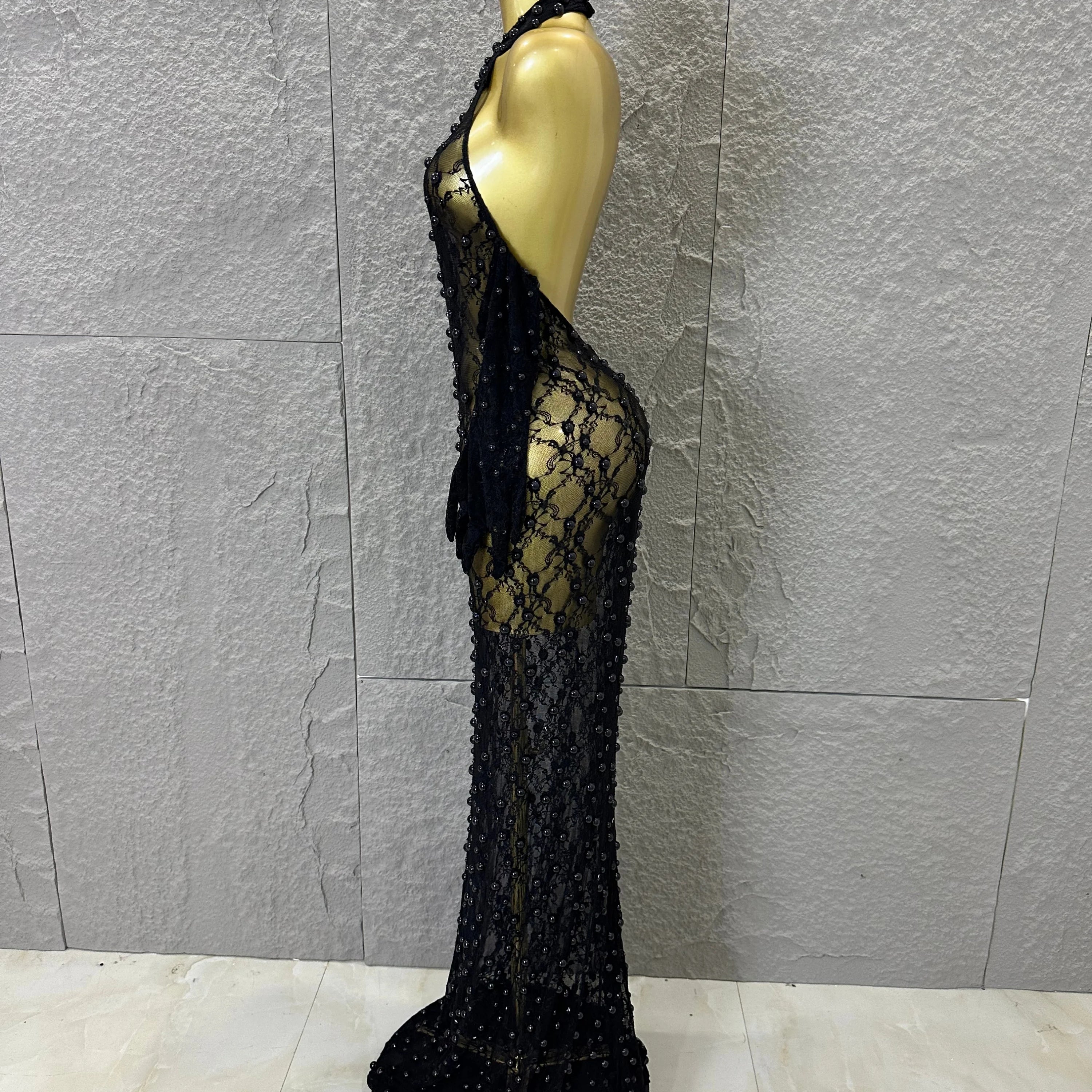 Black Opulent Halter Neck Maxi Sheer Mesh Beaded Lace Dress Form-Fitting Outfit Nightclub Party Evening Gala Costume