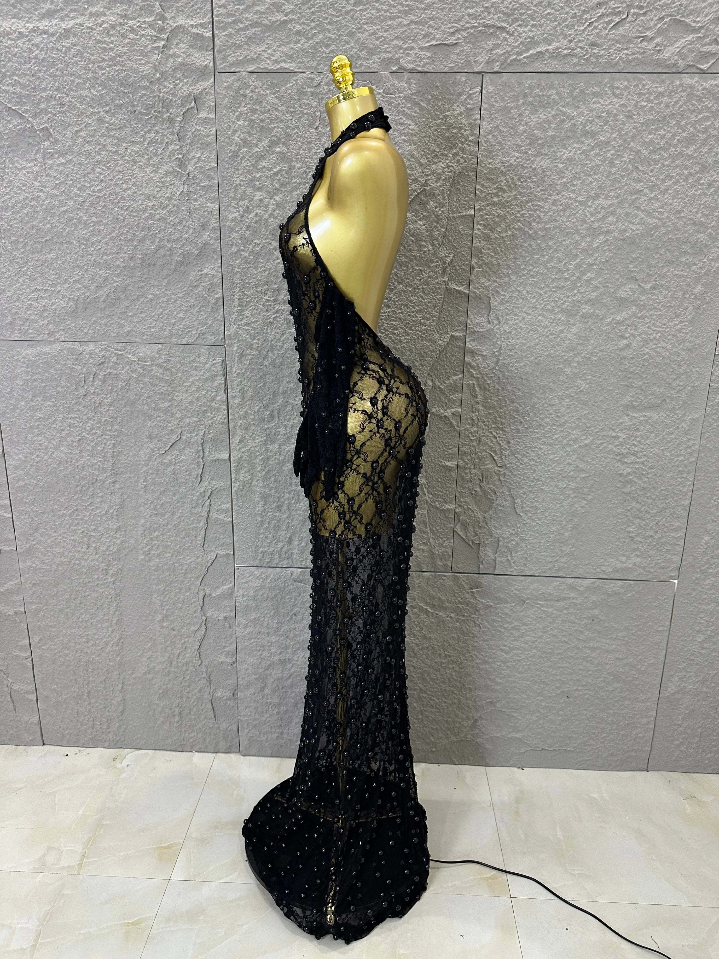 Black Opulent Halter Neck Maxi Sheer Mesh Beaded Lace Dress Form-Fitting Outfit Nightclub Party Evening Gala Costume