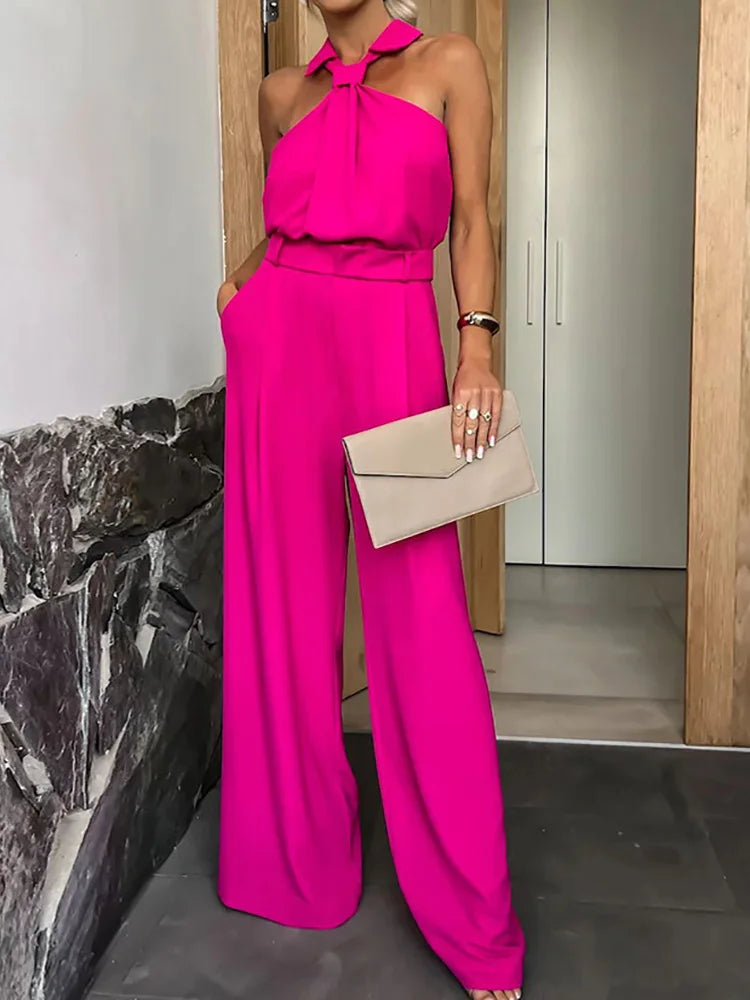 Wide Leg Pants Loungewear Bodysuits, Women Spring Summer Pocket Sleeveless Jumpsuits, Turn-Down Collar Simple Ladies Playsuits