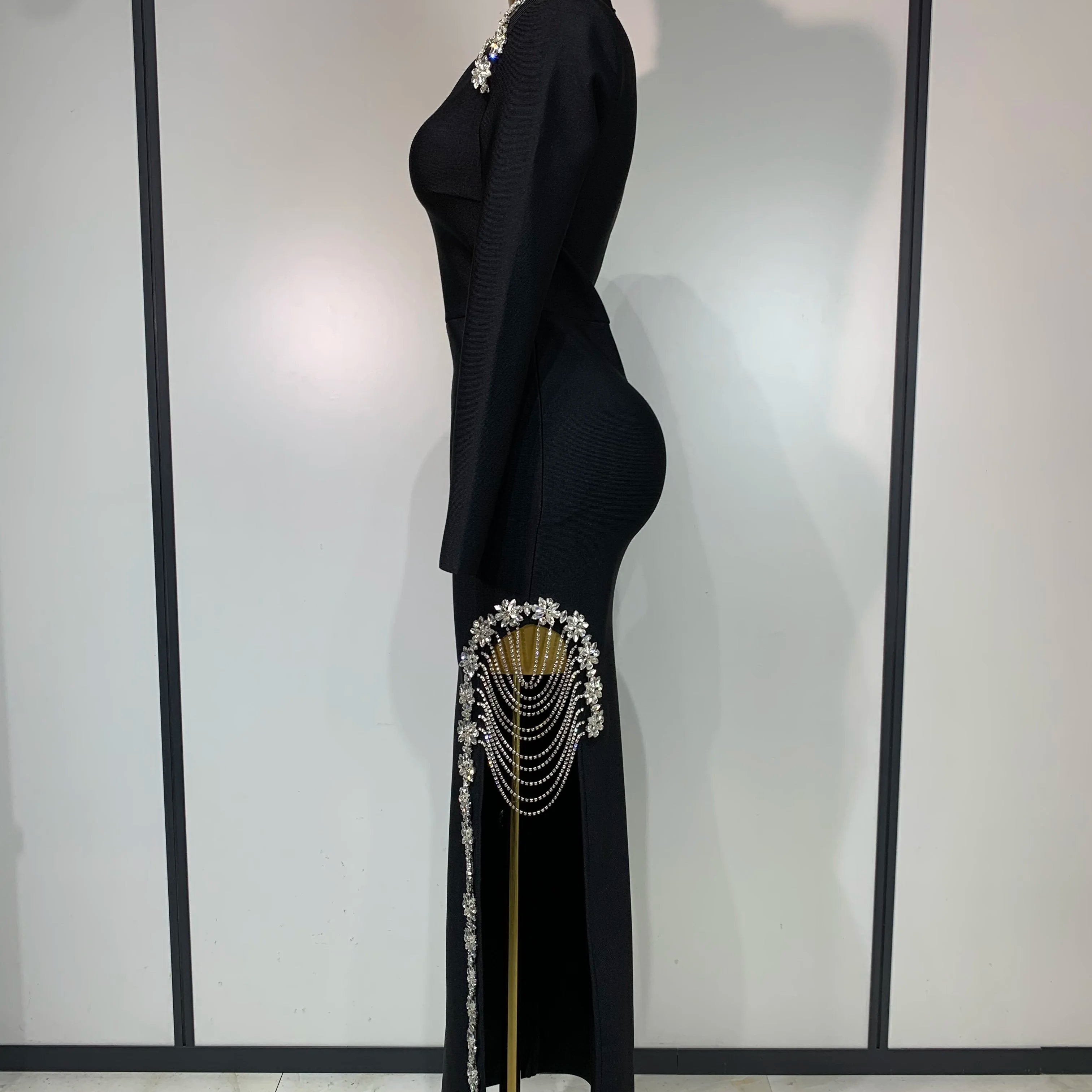 Women Long Sleeve Sexy Shinning Crystal High Split Bodycon Long Bandage Dresses Elegant Evening Party Birthday Cocktail Outfit