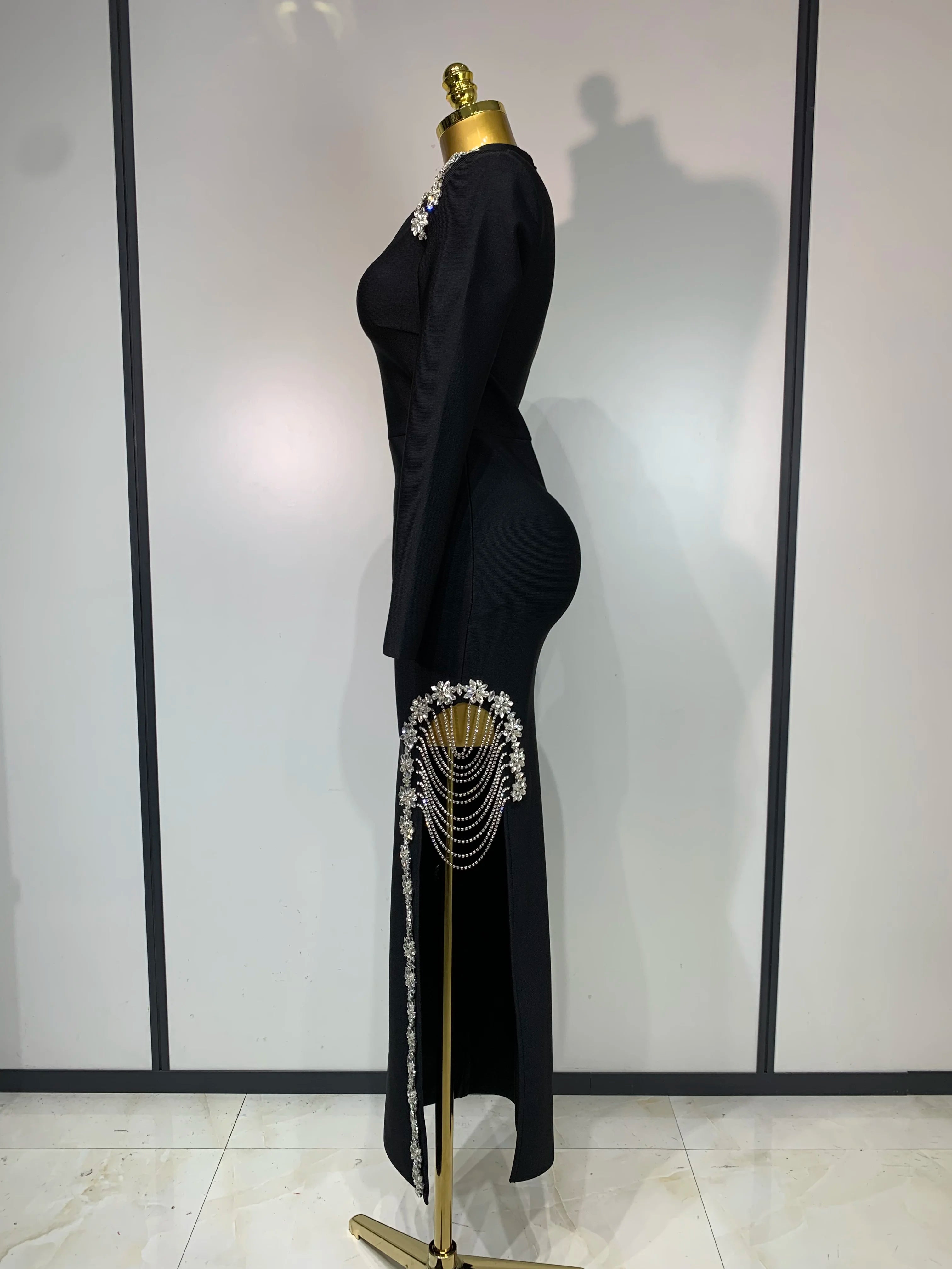 Women Long Sleeve Sexy Shinning Crystal High Split Bodycon Long Bandage Dresses Elegant Evening Party Birthday Cocktail Outfit