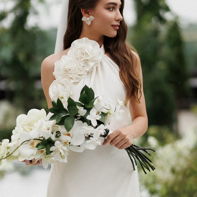 White Satin Halter Backless Long Dress For Women Sleeveless Flowers Embellished Slim Prom Elegant Evening Party Gowns