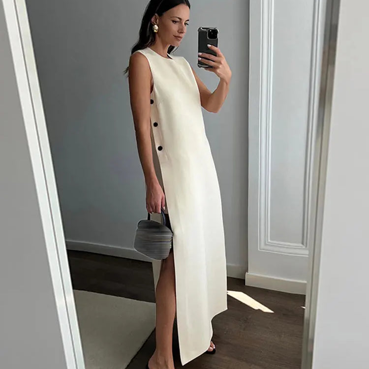 Elegant Sleeveless Button Split Midi Dress Women Summer Casual Round Neck Loose Vestidos Female Fashion High Street Beach Robes