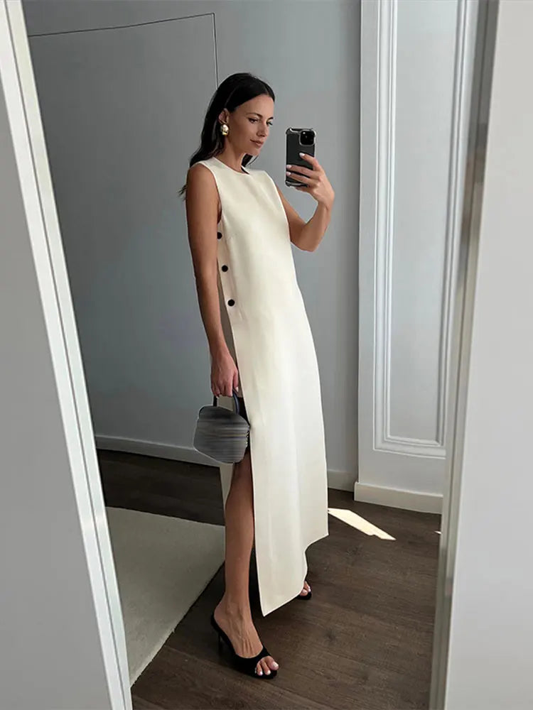 Elegant Sleeveless Button Split Midi Dress Women Summer Casual Round Neck Loose Vestidos Female Fashion High Street Beach Robes