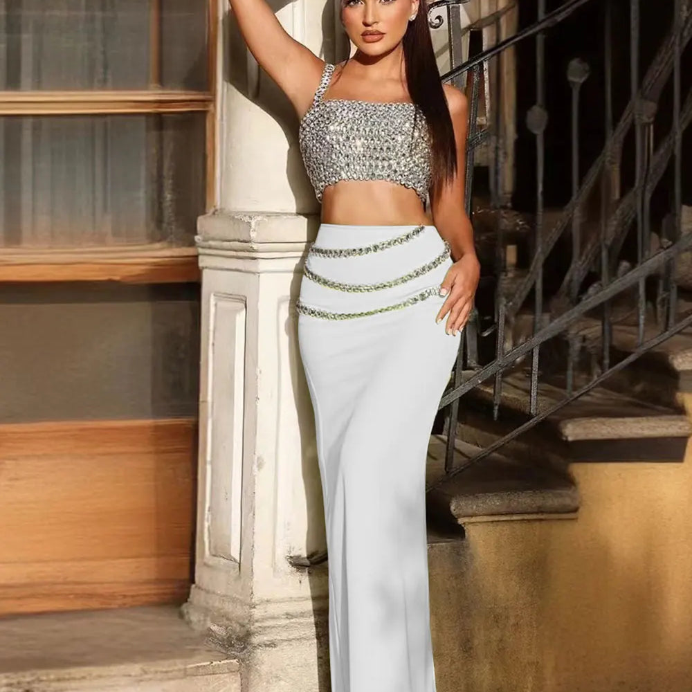 2025 Sexy Women Light Luxury Nail Bead Long Skirt Set Spaghetti Strap Sleeveless Ultra Short Vest+High Waist Skirt Two-Piece Set WHITE