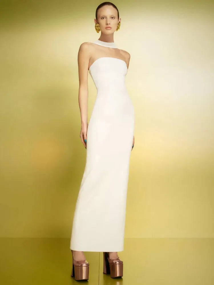 Women Celebrity Sexy Backless Halter Red White Maxi Long Summer Bandage Bodycon Dress 2025 Elegant Evening Club Party Outfit WHITE