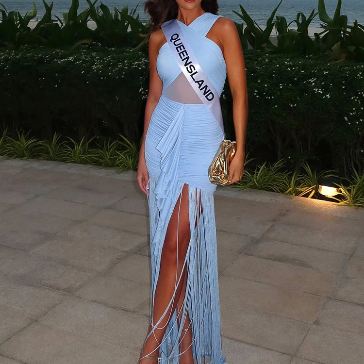 Sleek Light Blue Sleeveless Dress with Fringe Ruched Waist And Mesh Detail Soft Summer Vacation Gown for Women