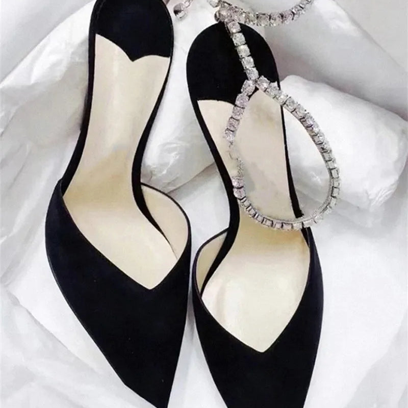 Luxury Rhinestones Chains Women Pumps Designer Sandals High Heels Summer Ankle Strap Party Shoes Star Style Wedding Prom Shoes Black