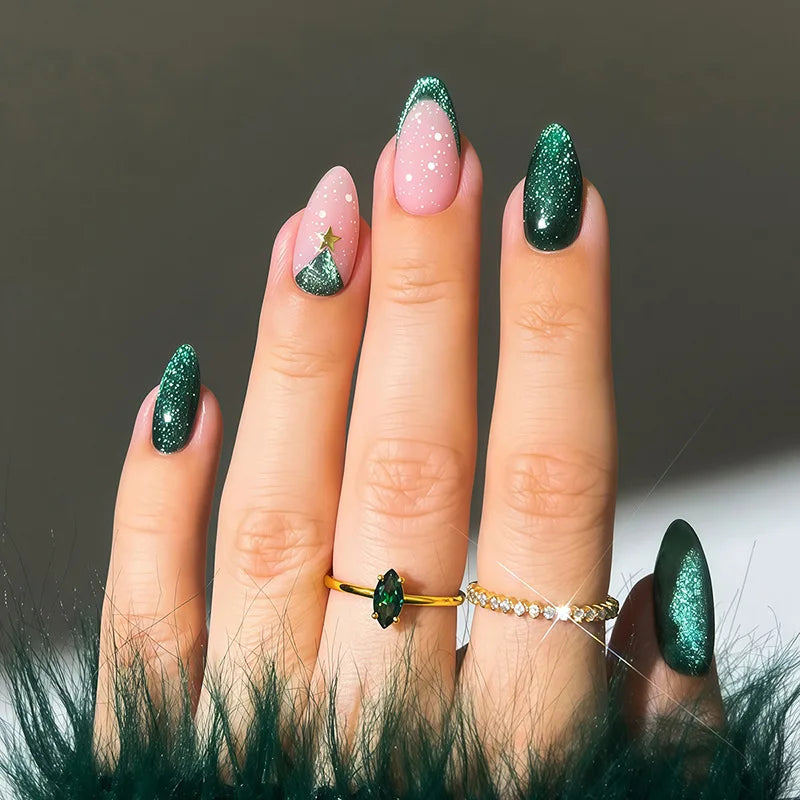 Glossy Red French Fake Nails 24Pcs Almond Press On Nails Xmas Hat Designs Full Cover Acrylic False Nails Patches DIY Manicure Y2