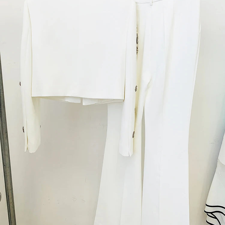 HIGH STREET Newest Fashion 2024 Designer Suit Set Women's Pearls Diamonds Rhinestone Beaded Trimed Jacket Flare Slit Pants Suit