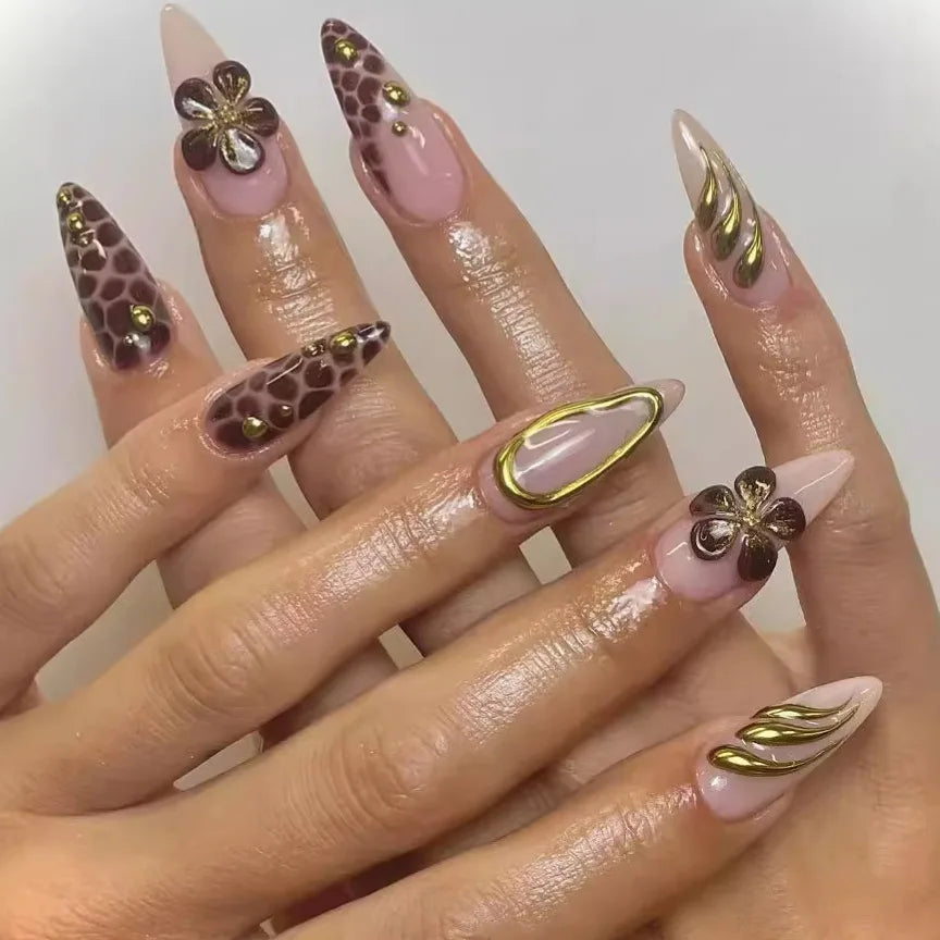 24Pcs 3D Fake Nail Long Almond False Nails with Flower Leopard Print Design Stiletto Detachable Nail Art Tips Press on Nails 142