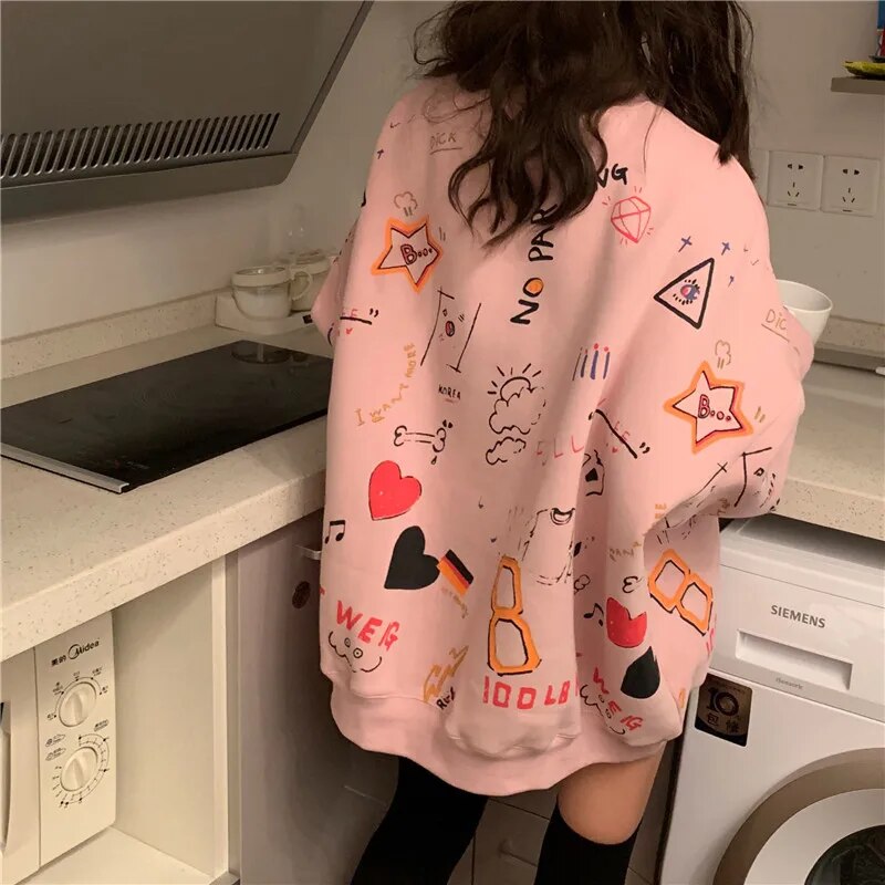 Women Sweatshirts Graffiti Pullover Tops Loose Long Sleeves Female Fashion Streetwear 2024 Autumn Winter Casual Hoodies