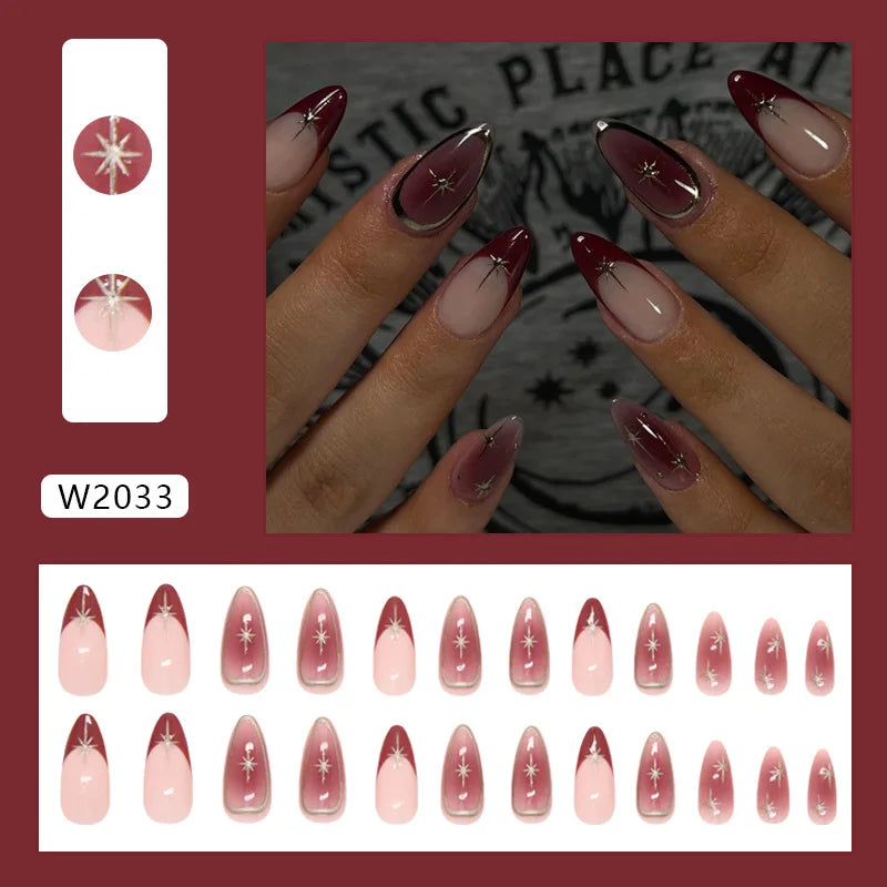 24pcs Ins Almond Press on Nails Gothic Sliver Metal Line y2k Fake Nails Detachable Wearable Sweet Cool Spicy Girl False Nails 4