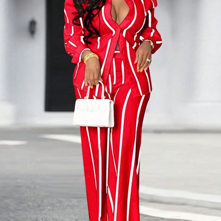 Plus Size 5XL VONDA 2025 Women Pants Sets Matching Sets Vintage Striped Shirt Trouser Casual Two-Piece Sets Office Lady Suits Red
