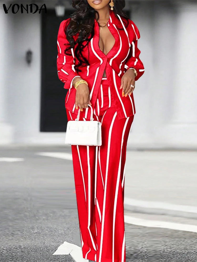 Plus Size 5XL VONDA 2025 Women Pants Sets Matching Sets Vintage Striped Shirt Trouser Casual Two-Piece Sets Office Lady Suits Red