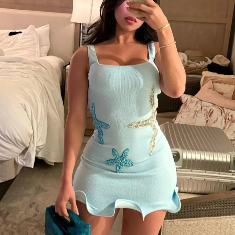 Chic Blue Sparkling Star Printed Ruffle Mini Dresses Lady Elegant Sleeveless Backless Pleated Knit Prom Dresses Beach Vestidos Blue