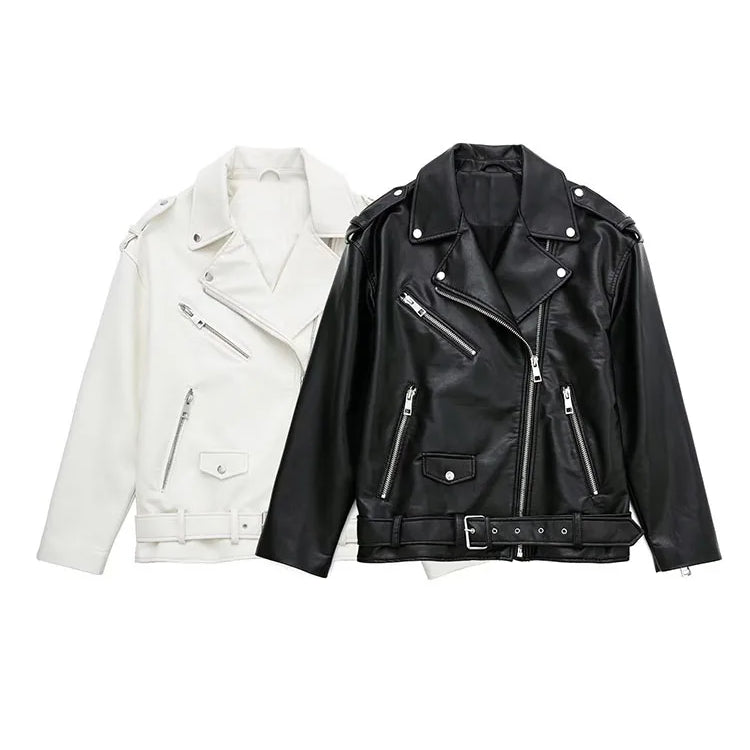 Women Autumn Fashion Imitation Leather Loose Jacket Coat Vintage Long Sleeve Zipper Female Outerwear Chic Tops