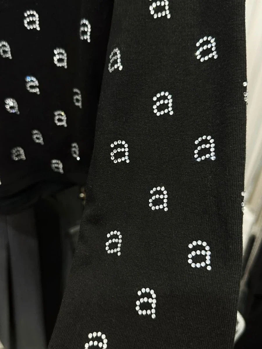 AW Wang Diamond A Letter Slim Fit Stretch Black Long Sleeve Short Skirt For Women Evening Party Dress Vestidos Midi Clothing