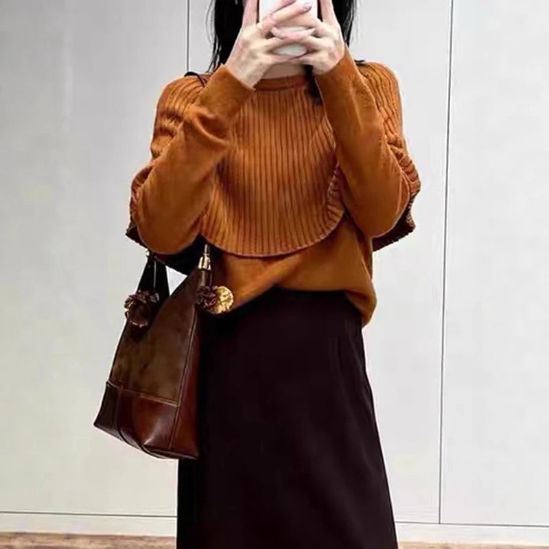 Autumn Winter New Design Fake Two-Piece Shawl Long Sleeve Pullover Sweater For Women Knitted Top Female Trend 11A07562 Orange One Size