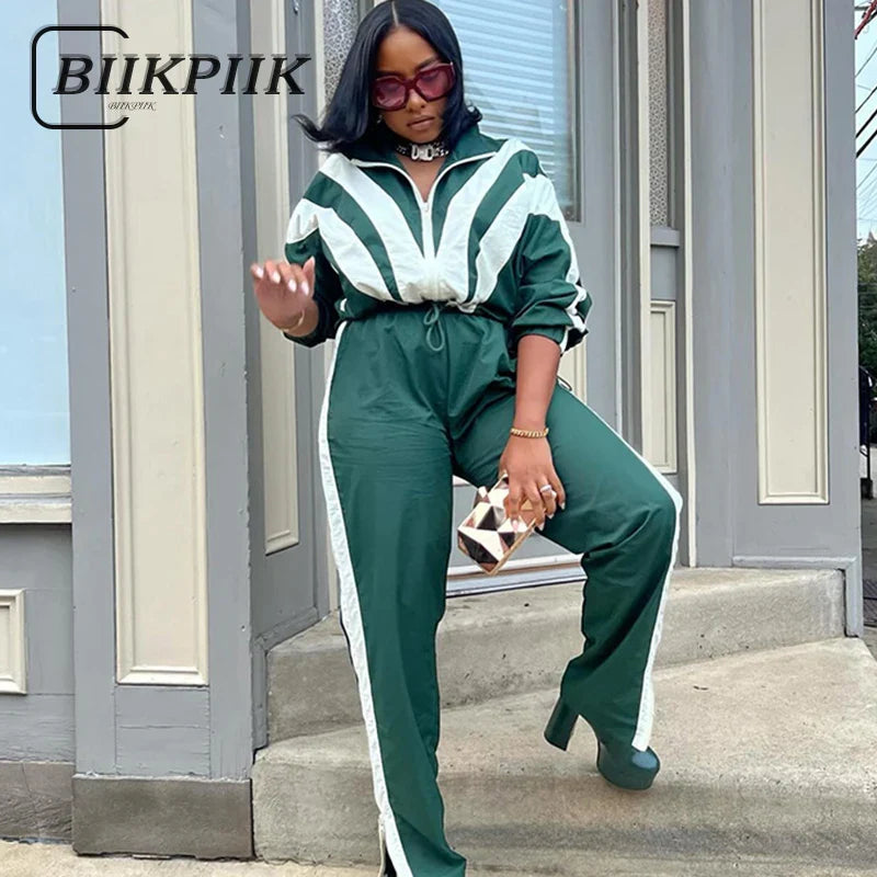 BIIKPIIK Contrast-color Women Tracksuits Sporty Fitness Fashion Two Piece Pants Sets Jacket + Pants Jogging Street Style Outfits Green 2 Piece Set