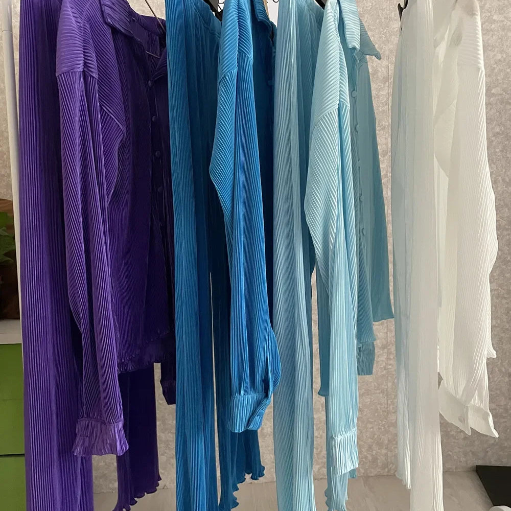 Pleated Solid Women Set Long Sleeve Shirts and Straight Wide Leg Pants Suits Tracksuit Two Piece Set Fitness Outfits