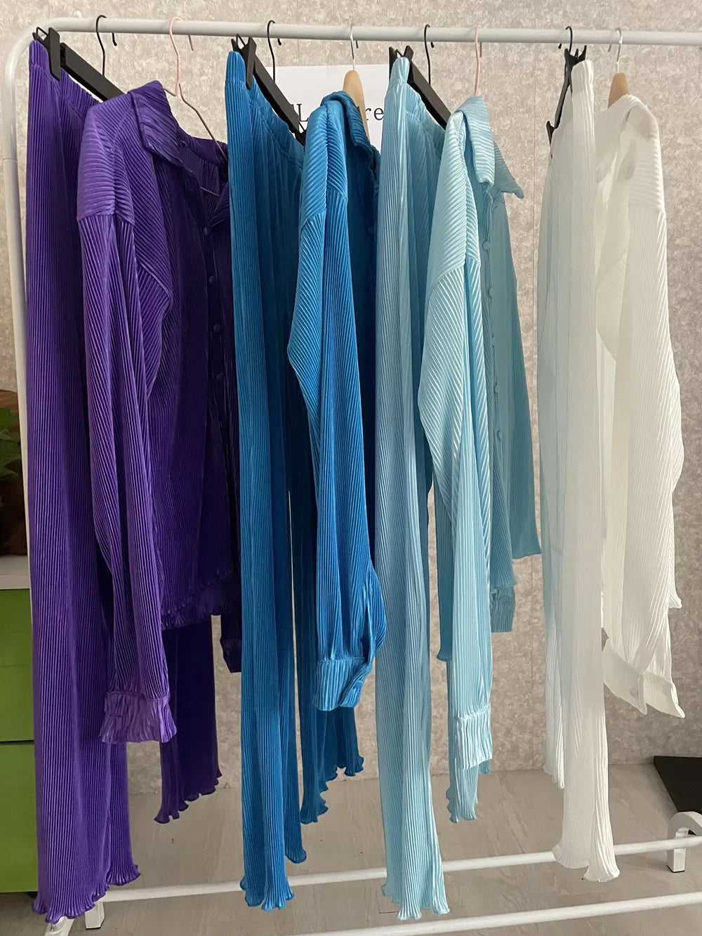 Pleated Solid Women Set Long Sleeve Shirts and Straight Wide Leg Pants Suits Tracksuit Two Piece Set Fitness Outfits