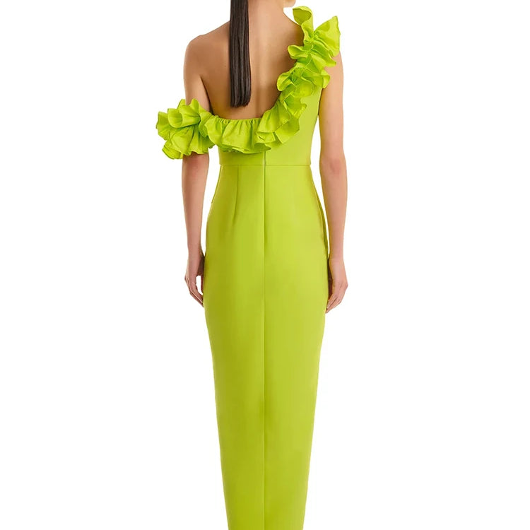 Women Sexy One Shoulder Ruffles Neon Green Split Maxi Long Bandage Maxi Dress Elegant Evening Club Party Cocktail Outfits